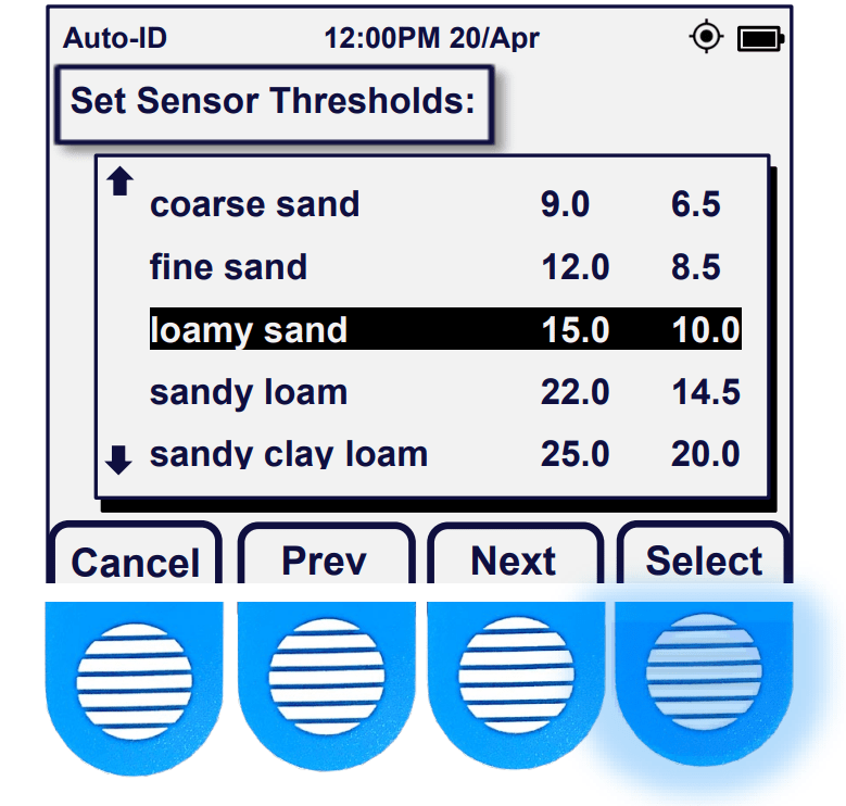 Acclima Sensor Reader Screen Showing Sensor Thresholds with the Select Button Highlighted