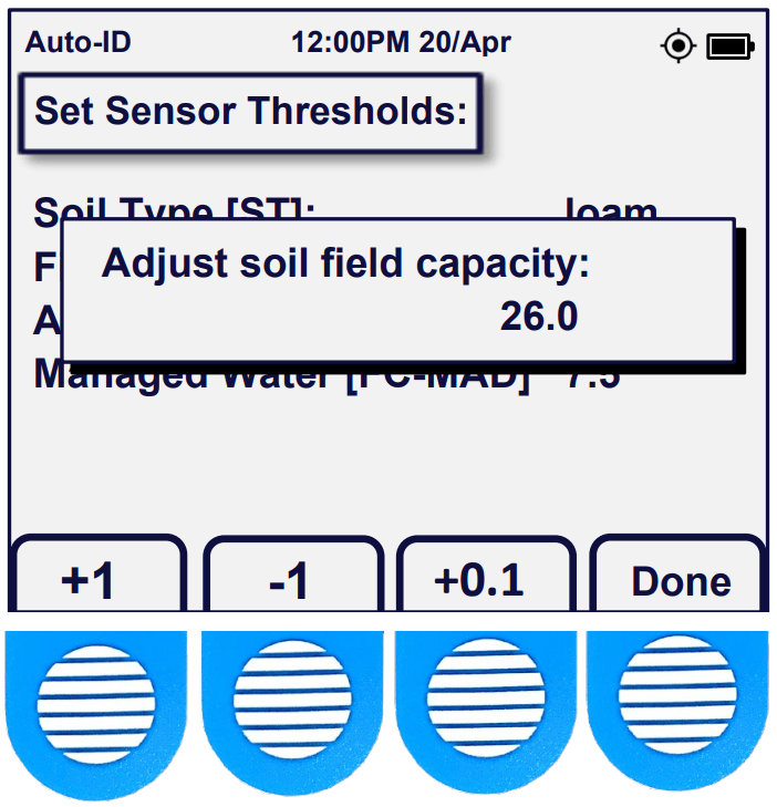 Acclima Sensor Reader Screen for Adjusting Soil Field Capacity