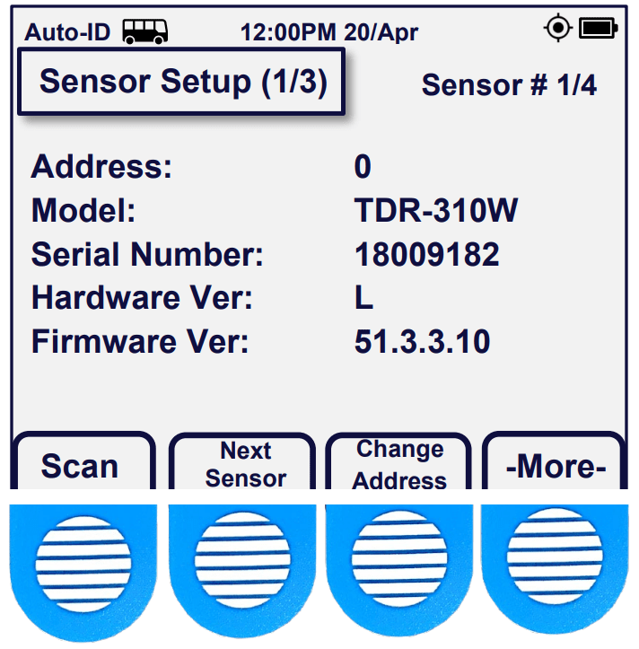 Acclima SDI-12 Sensor Reader Screen Showing the TDR Sensor Setup Screen