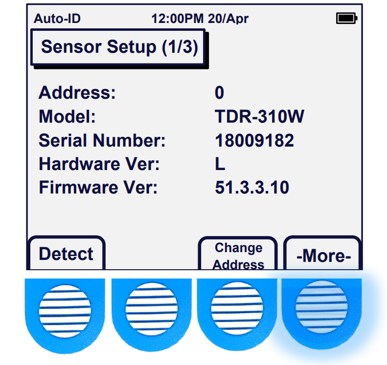 Acclima SDI-12 TDR Soil Moisture Sensor Reader Setup Screen with the More Button Highlighted