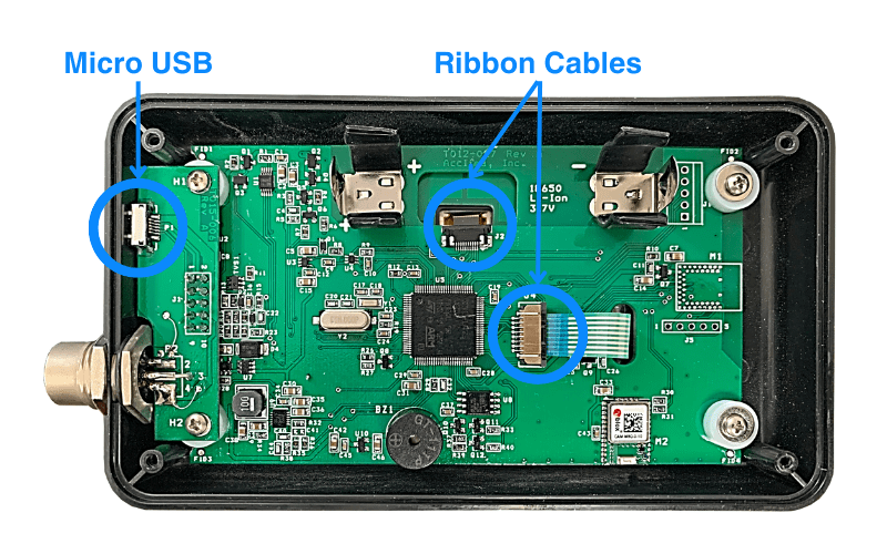 Inside of Acclima Reader Showing Ribbon Cables and Micro USB