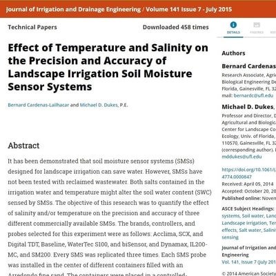 Article about the precision and accuracy of soil moisture sensor systems related to temperature and salinity.